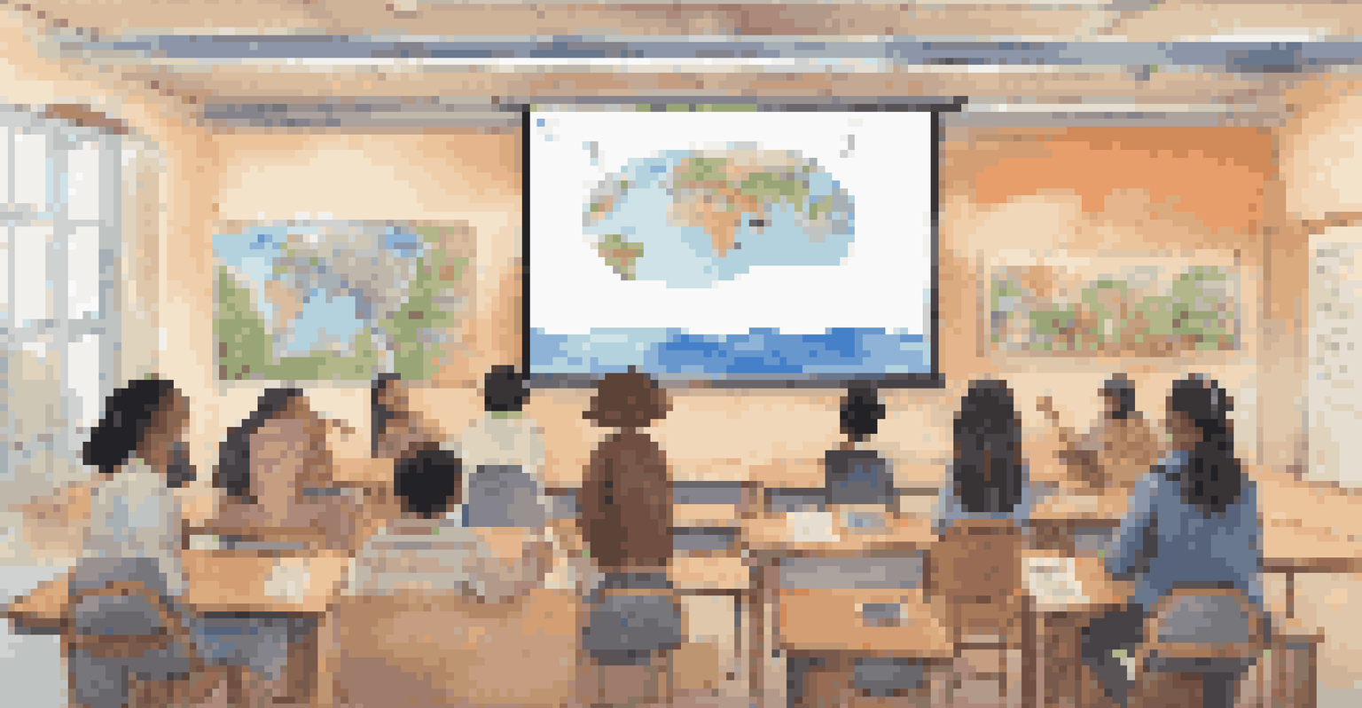 A classroom filled with students participating in a virtual exchange, with a large screen showing students from different countries.