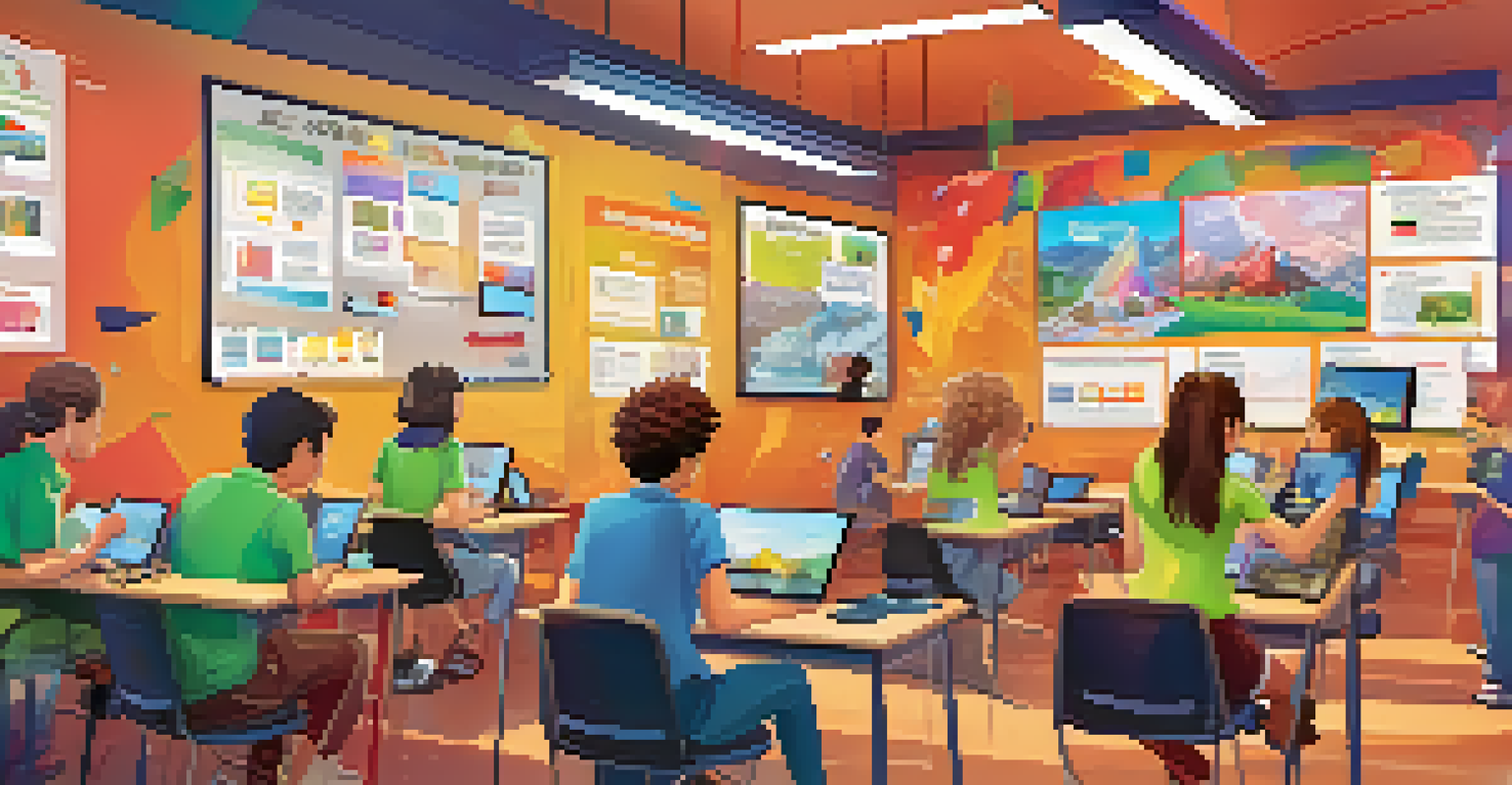 Students participating in a gamified group project competition with leaderboards and badges, in a lively classroom atmosphere.