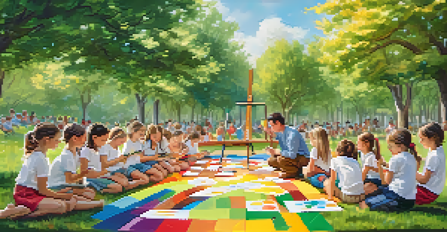 A group of children in a sunny park painting their emotions on canvases during an outdoor art class, surrounded by colorful flowers and trees, fostering a joyful and creative environment.
