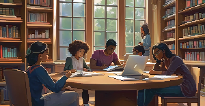 A diverse group of students participating in a mentoring session in a cozy library, with a mentor guiding them at a round table.