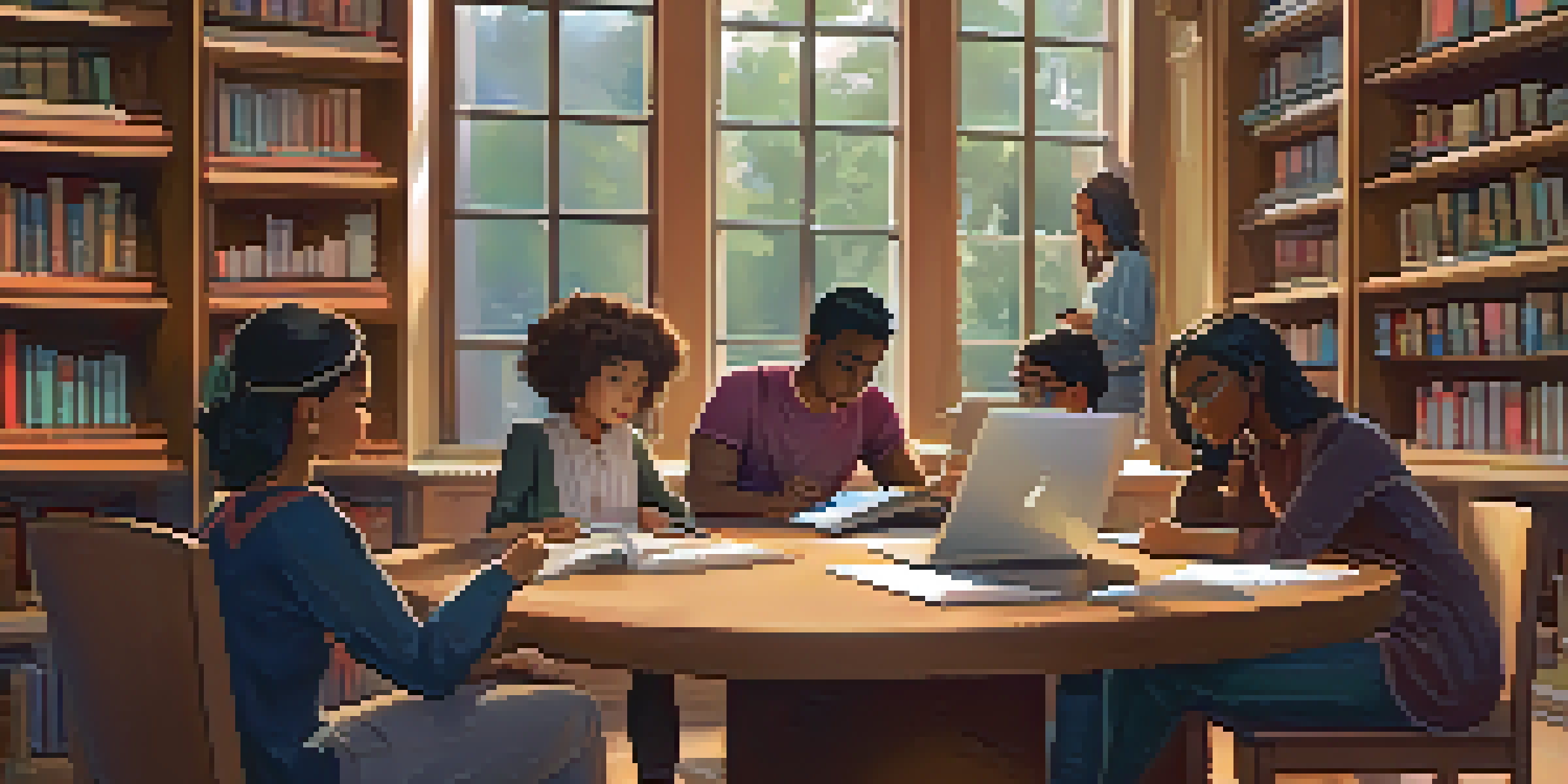 A diverse group of students participating in a mentoring session in a cozy library, with a mentor guiding them at a round table.