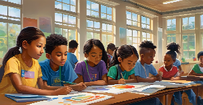 A classroom with diverse students collaborating on a project, illuminated by natural light, with colorful educational materials around them.