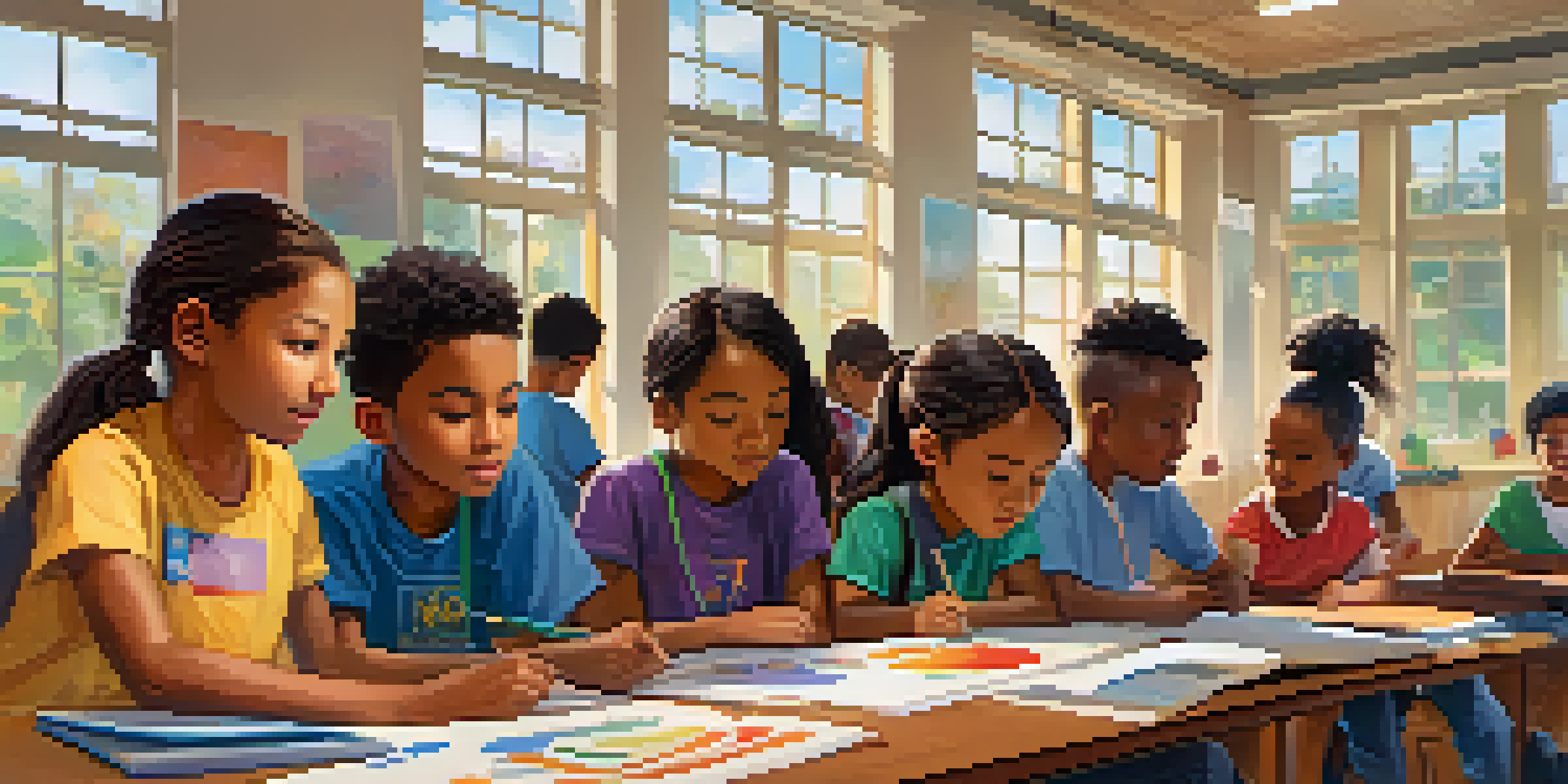 A classroom with diverse students collaborating on a project, illuminated by natural light, with colorful educational materials around them.