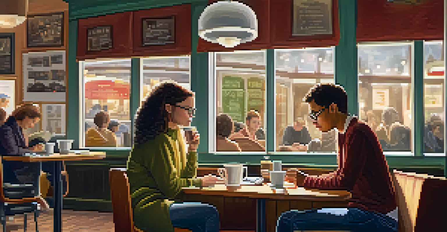 An adult learner reflecting in a coffee shop, writing in a journal with a coffee mug beside her, surrounded by a cozy atmosphere.