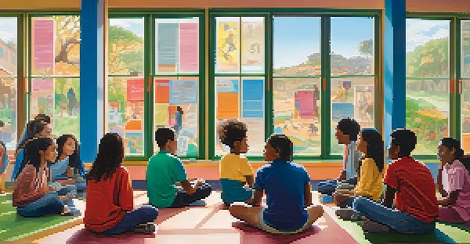 A diverse group of students in a bright classroom, discussing cultural narratives and sharing stories with enthusiasm.