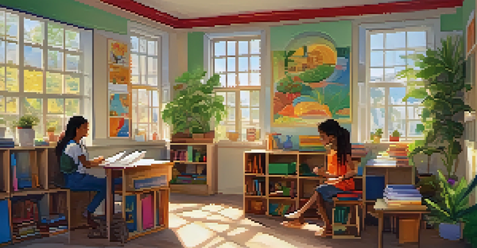 A bright and cheerful classroom with a teacher reading in a cozy nook surrounded by engaged students and educational posters.