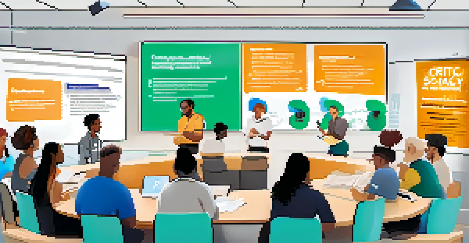A diverse group of individuals participating in a community workshop on digital literacy, discussing important concepts on a whiteboard.