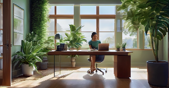 A person stretching in a bright office filled with plants, taking a break from work.