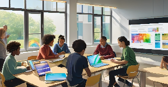 A modern classroom with diverse students engaging with AI educational tools, computers on tables, and bright natural light.