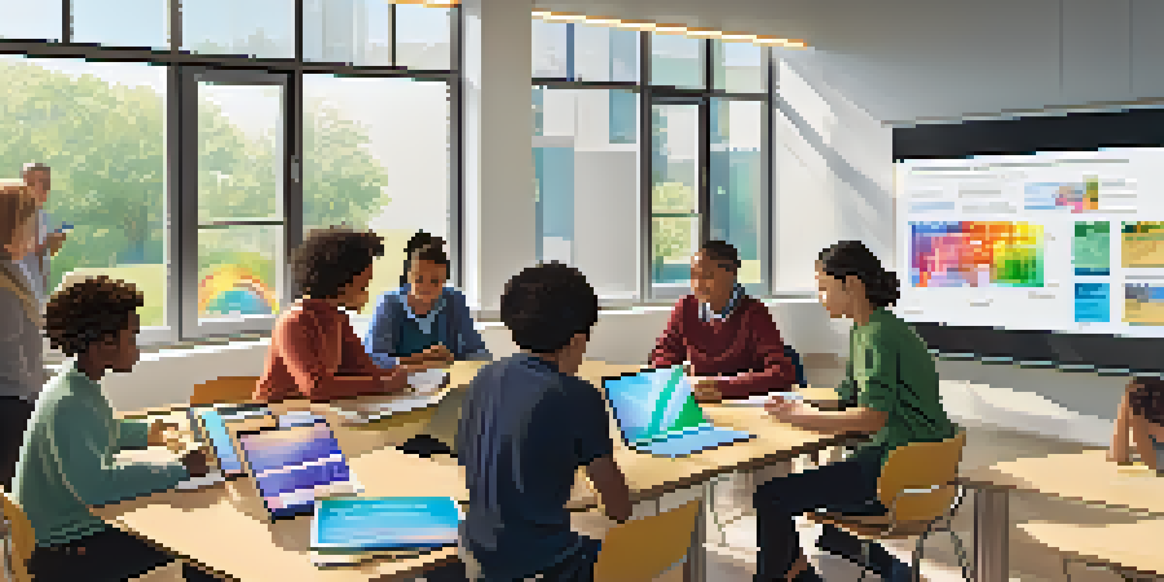 A modern classroom with diverse students engaging with AI educational tools, computers on tables, and bright natural light.