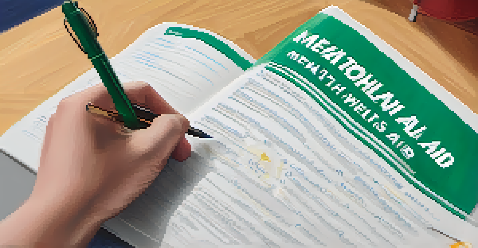 An educator's hands holding a Mental Health First Aid manual in a classroom filled with educational materials on mental health.
