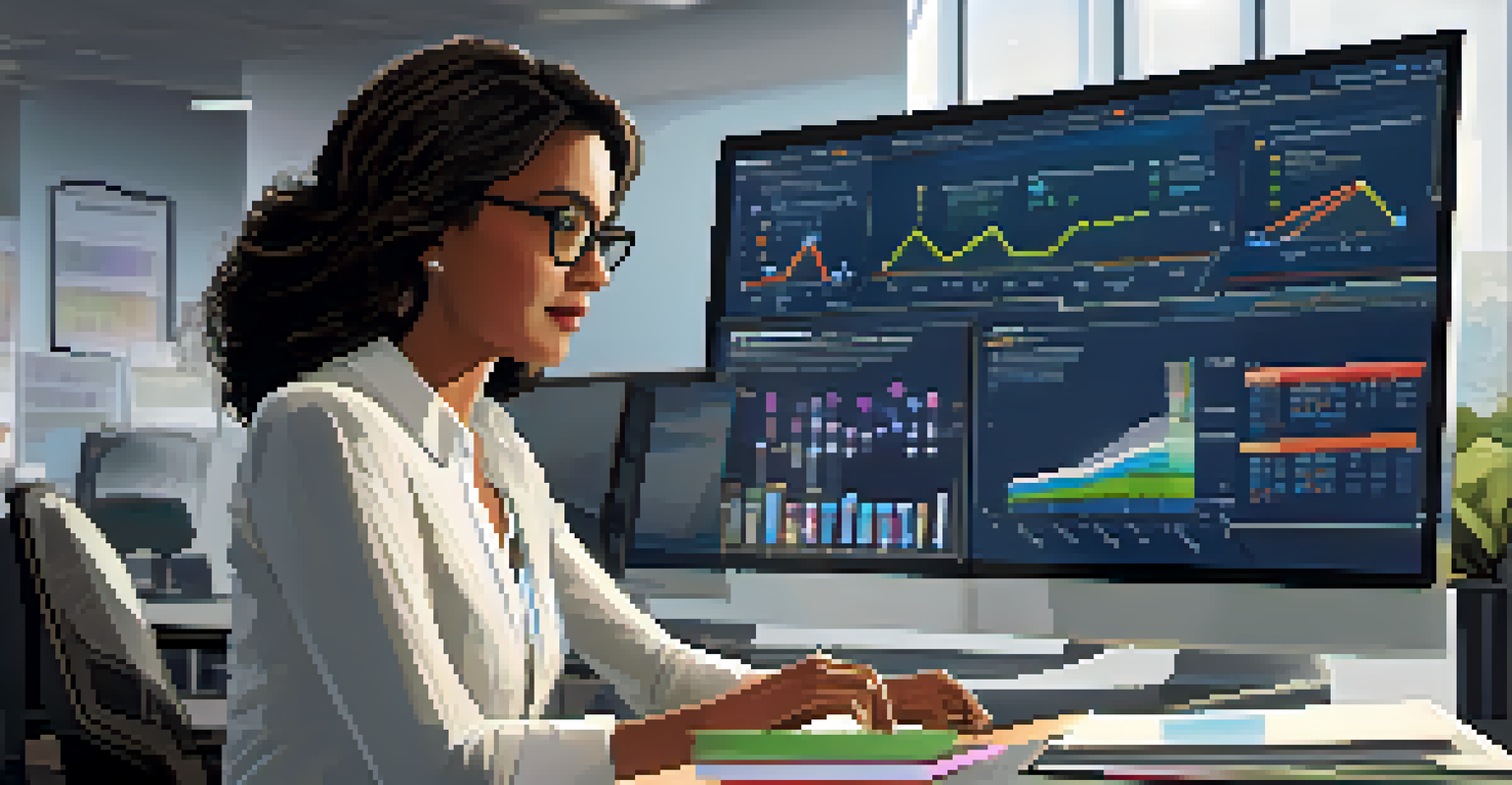 An educator reviewing student performance data on a computer screen in a modern office, with charts and graphs visible, surrounded by books and resources.
