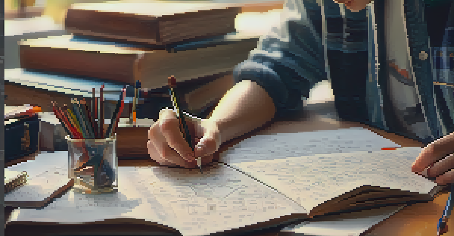 Close-up of a student's hands solving a mathematical problem with textbooks and notes in the background.