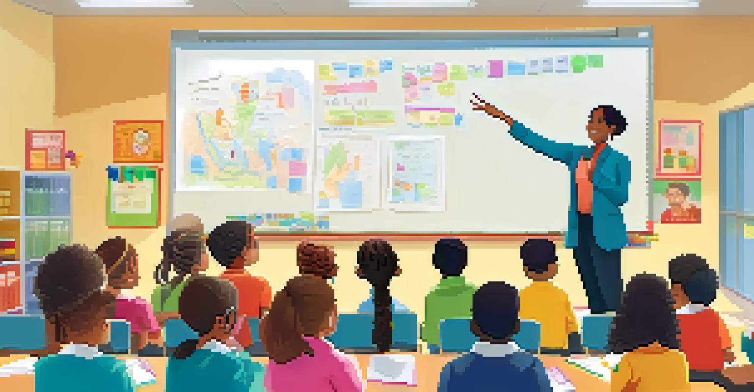 An educator facilitating a group discussion in a bright classroom, with students engaged and raising hands to participate.