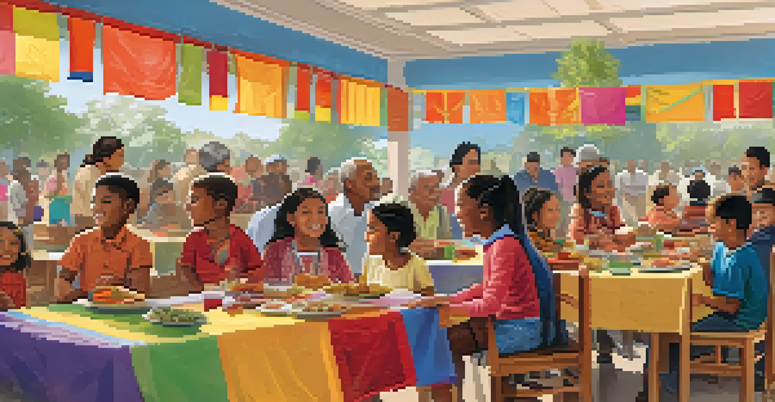 A lively school community event showcasing families sharing cultural foods and artifacts, fostering unity and celebration.