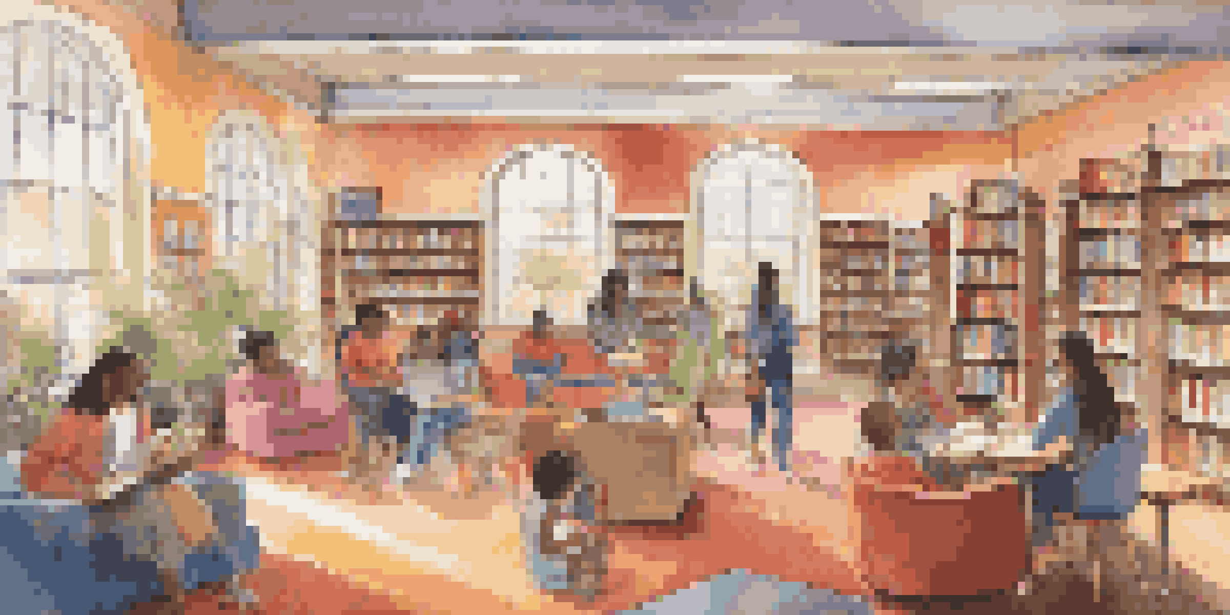 A diverse group of students enjoying a colorful library space with comfortable seating and cultural decorations, surrounded by shelves of books.