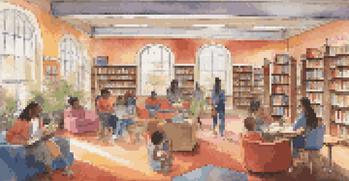 A diverse group of students enjoying a colorful library space with comfortable seating and cultural decorations, surrounded by shelves of books.