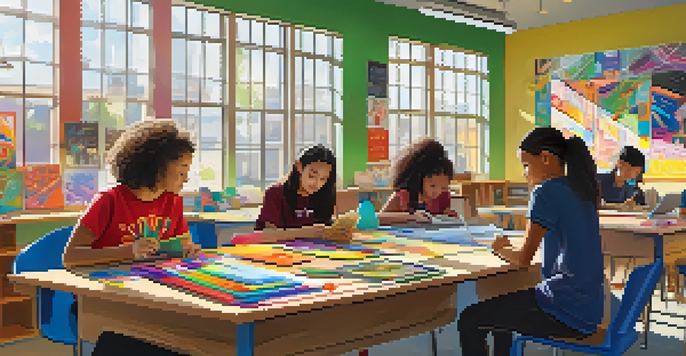 A diverse group of students collaborating on a project in a bright classroom filled with colorful supplies and educational posters.