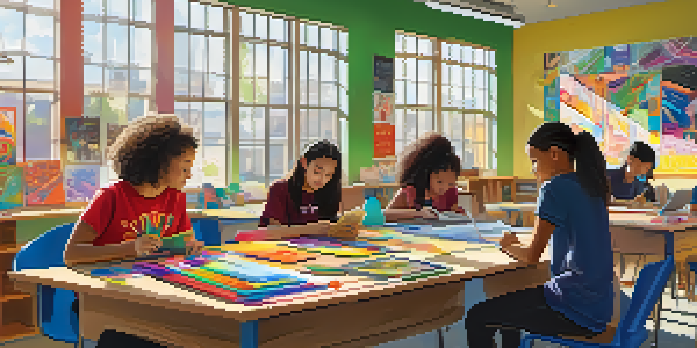 A diverse group of students collaborating on a project in a bright classroom filled with colorful supplies and educational posters.