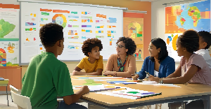 A diverse group of people in a classroom discussing educational policies, with charts on a projector screen.
