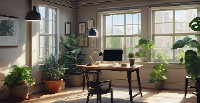 A cozy office workspace with a wooden desk, laptop, plants, and soft natural light.