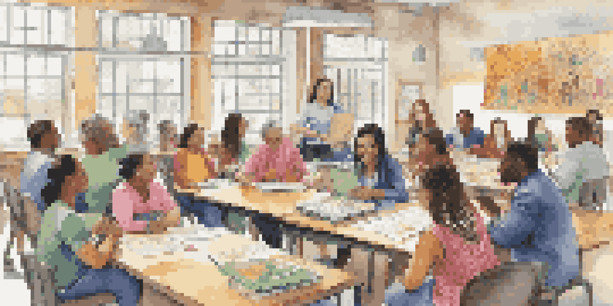 A vibrant classroom with adult learners from different cultural backgrounds discussing around a table, with laptops and cultural posters in a bright room.