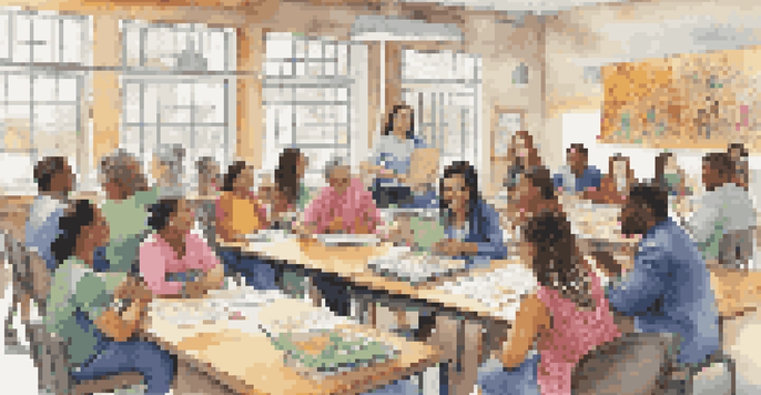 A vibrant classroom with adult learners from different cultural backgrounds discussing around a table, with laptops and cultural posters in a bright room.