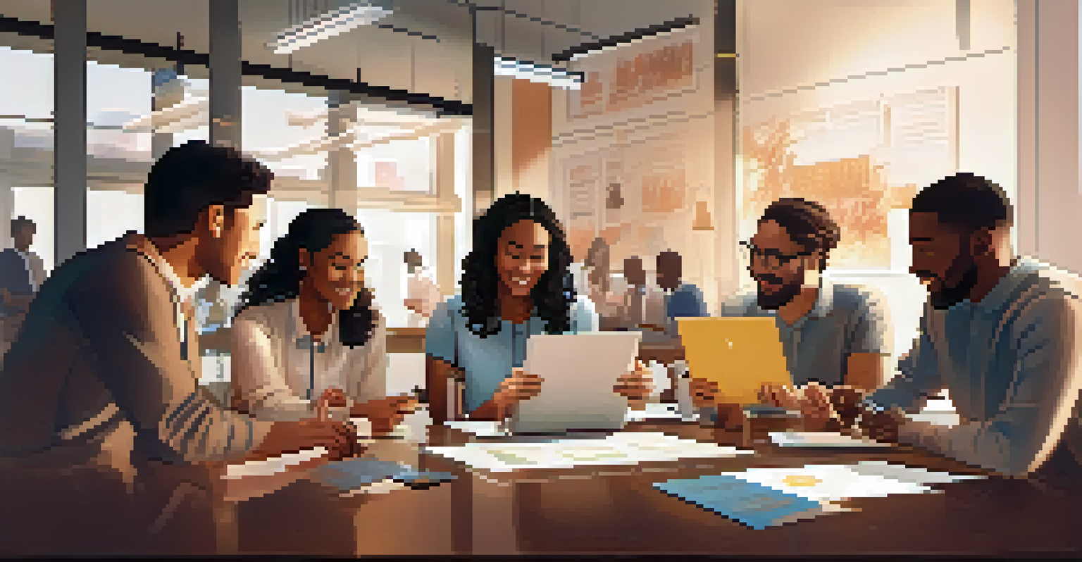 A diverse group of employees collaborating around a table, using a tablet for an interactive microlearning session, with a warm and engaging atmosphere.