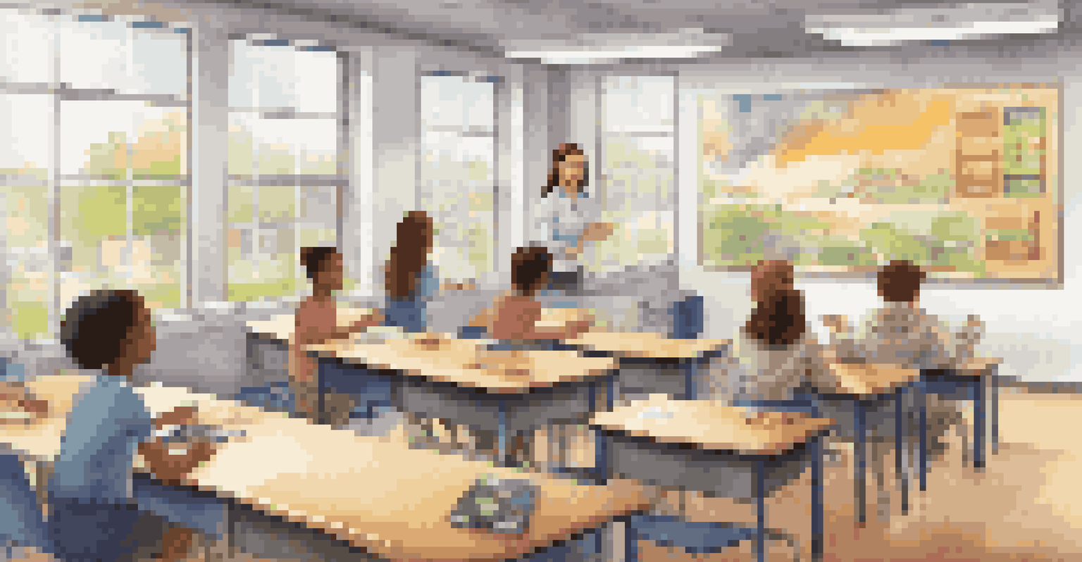 A classroom with a teacher using technology to engage students, featuring interactive devices and bright educational decor.