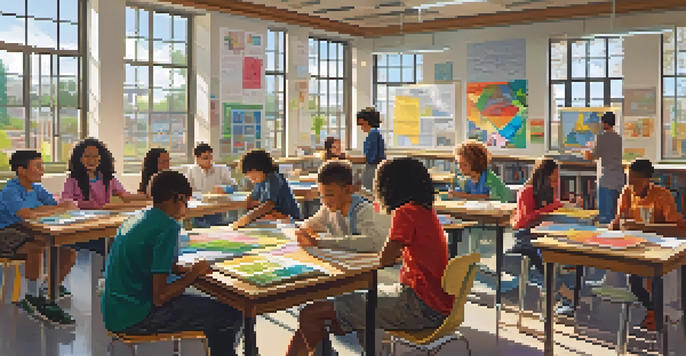 A classroom with diverse students collaborating on a science project, surrounded by colorful educational materials and natural light.