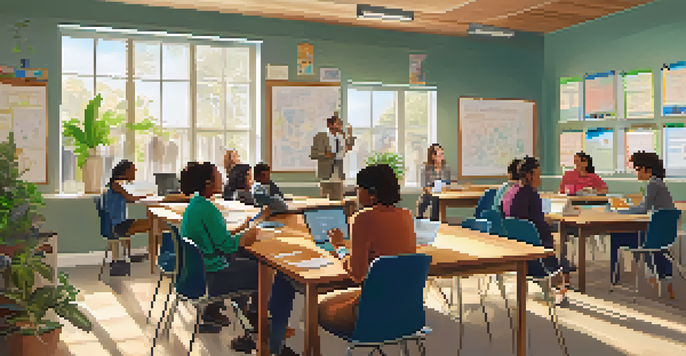 A lively classroom with diverse teachers participating in a blended learning workshop, using laptops and discussing ideas in a bright, well-decorated room.