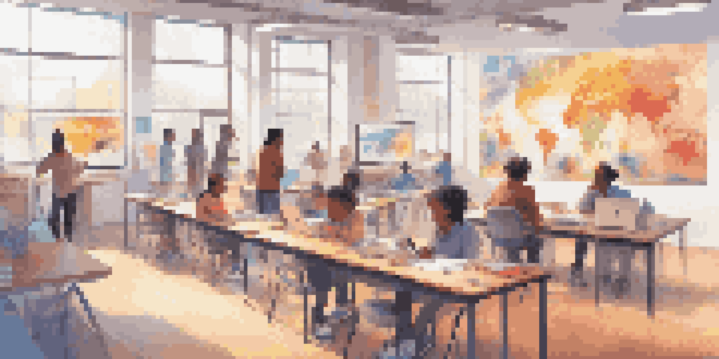 A lively classroom with students of different backgrounds working together on a project, using technology and engaging with data on a screen.