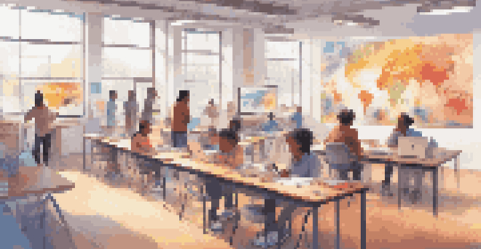 A lively classroom with students of different backgrounds working together on a project, using technology and engaging with data on a screen.