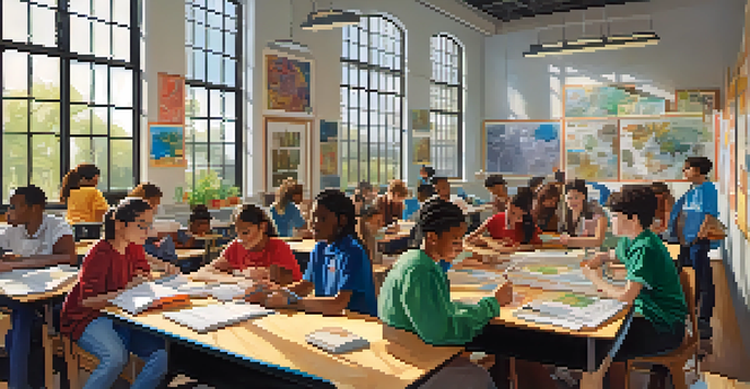 A diverse group of students in a bright classroom, collaborating on a project about climate change, surrounded by educational posters.