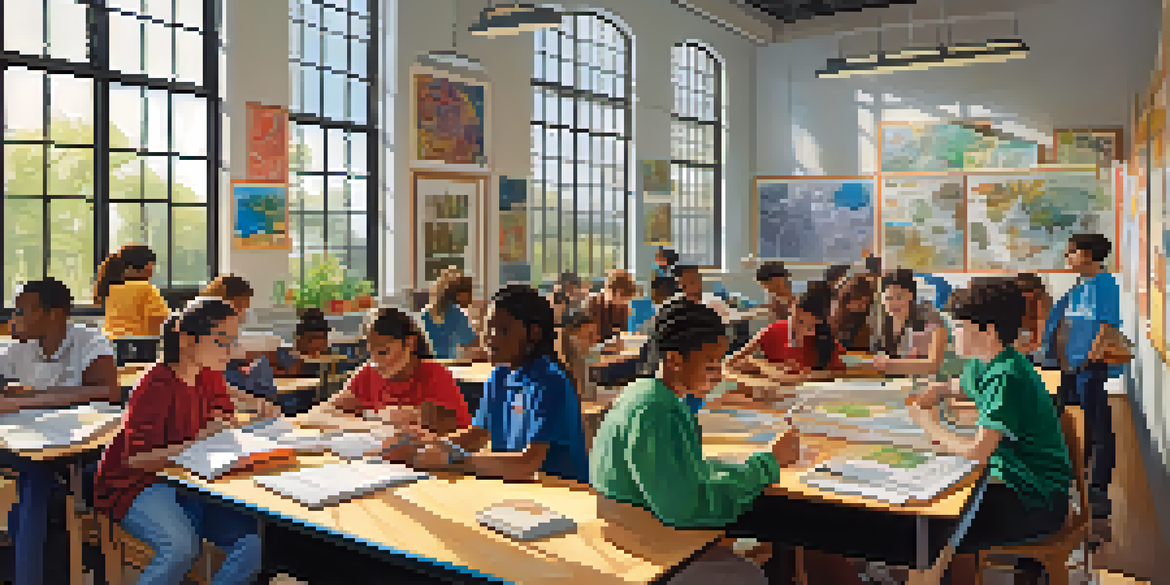 A diverse group of students in a bright classroom, collaborating on a project about climate change, surrounded by educational posters.