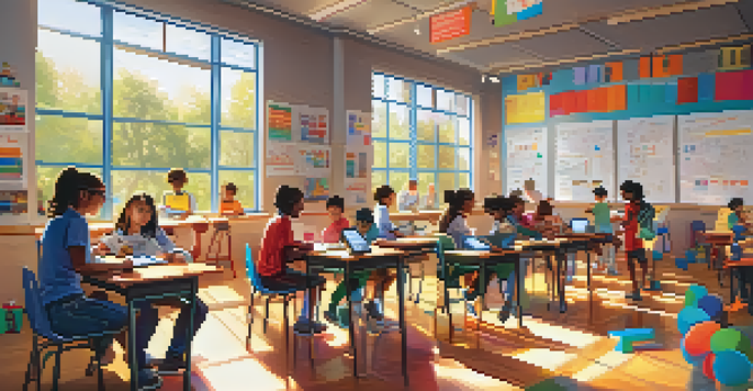A colorful classroom with diverse students collaborating on tablets in a gamified learning environment, illuminated by sunlight.