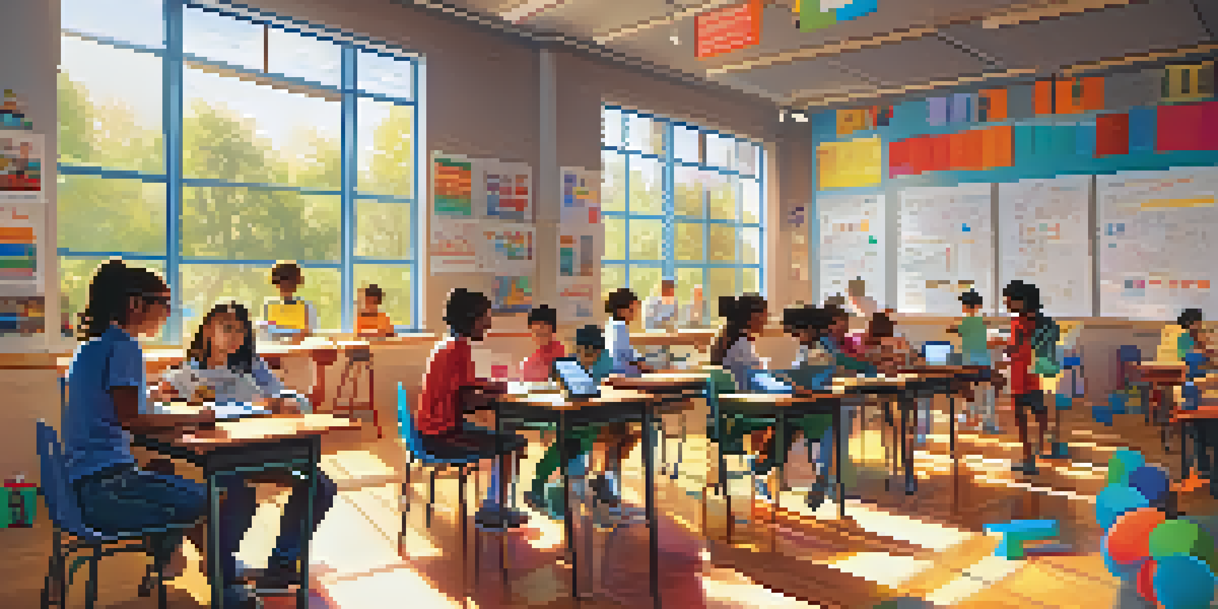 A colorful classroom with diverse students collaborating on tablets in a gamified learning environment, illuminated by sunlight.