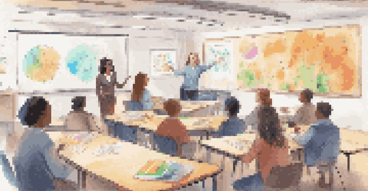 A teacher presenting interactive AI tools in a cozy classroom, with students collaborating in the background.