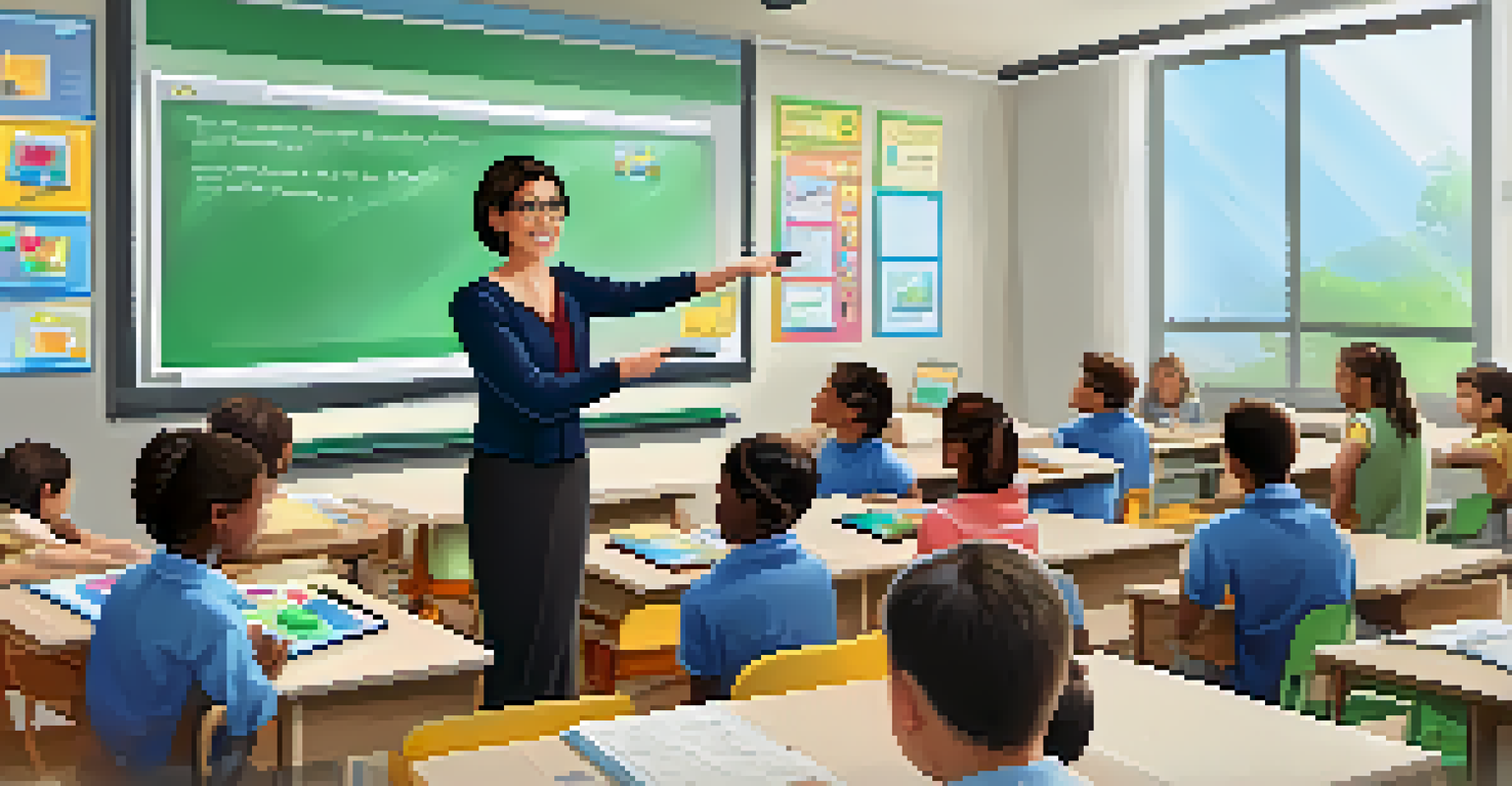 A teacher demonstrating a lesson on a smart board while students engage with tablets in a modern and bright classroom.