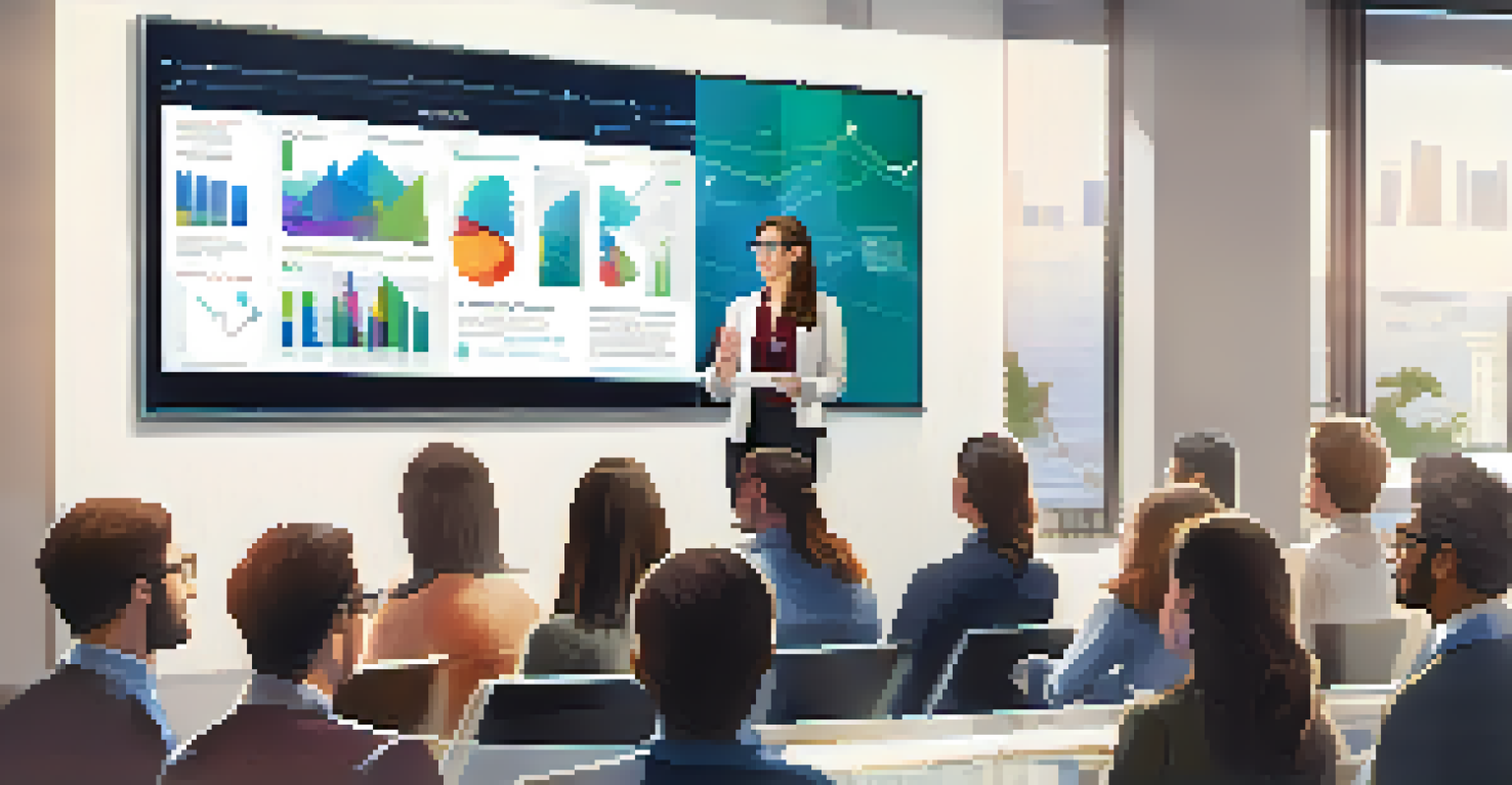 A researcher presenting her digital portfolio at a conference with attendees engaged.