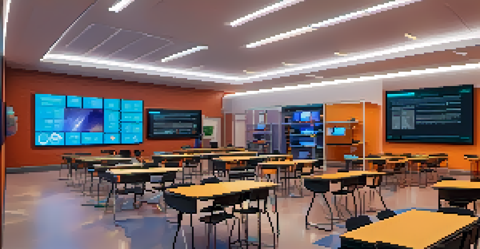 A classroom with students using virtual reality headsets to access their blockchain-stored educational credentials, surrounded by high-tech equipment.