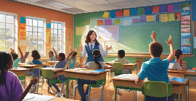 A classroom filled with diverse students raising their hands and a smiling teacher at the front, with bright sunlight illuminating the space.