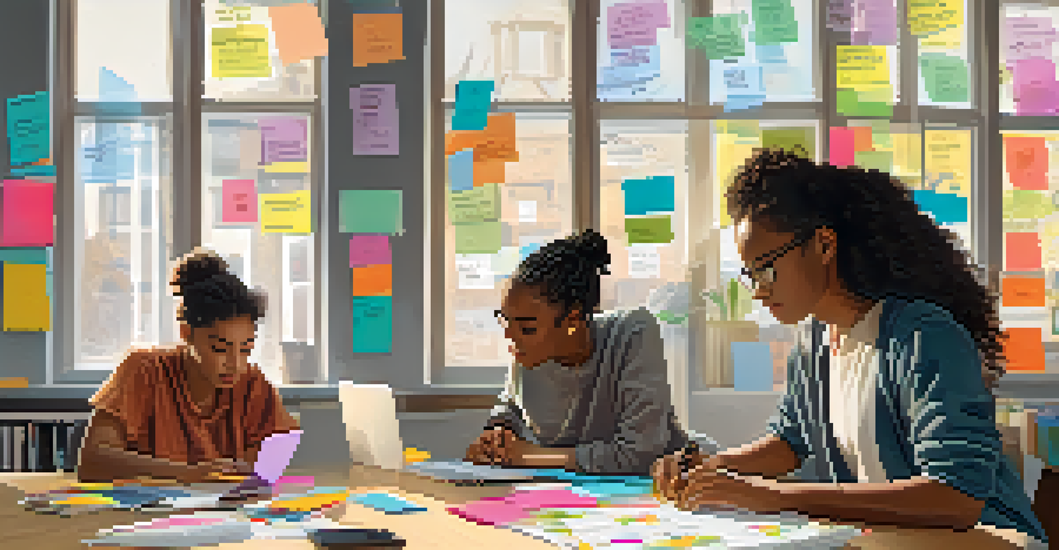 A diverse group of students working together at a table with laptops and colorful sticky notes in a well-lit room.