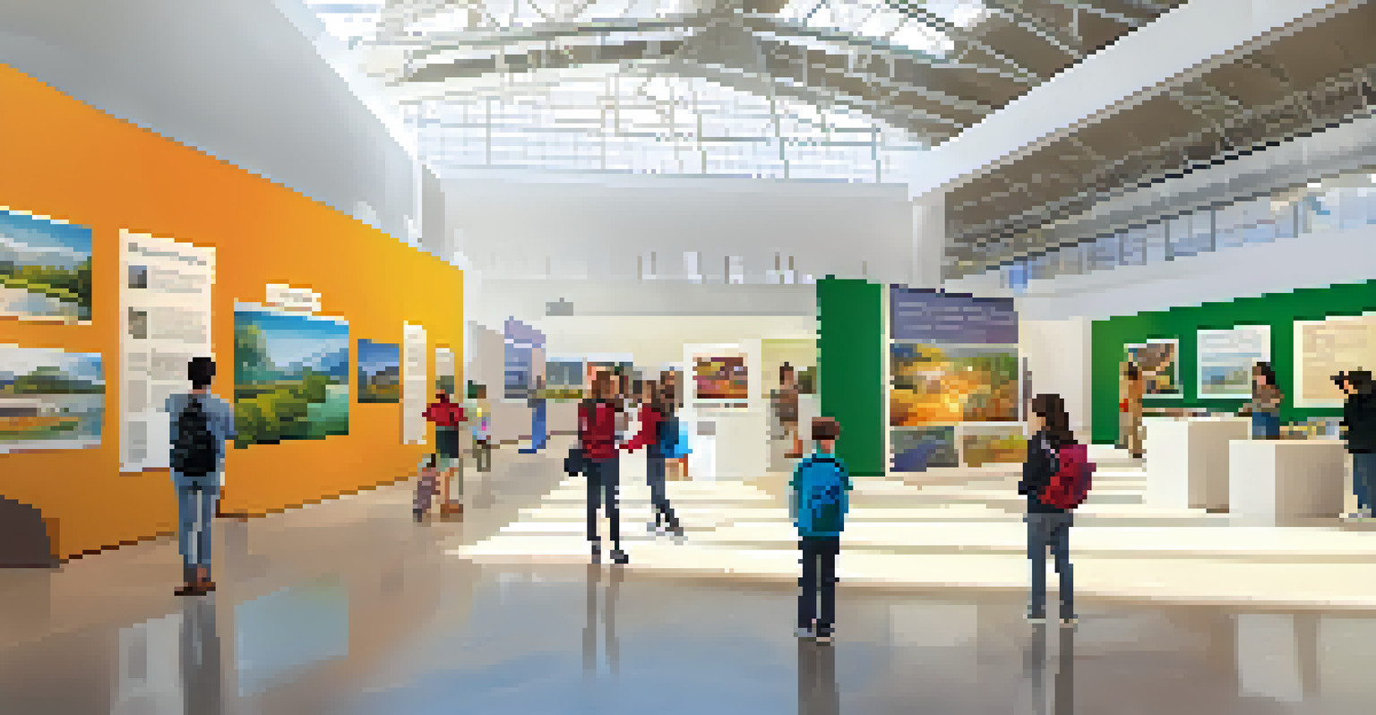 A vibrant exhibition showcasing student projects, with families exploring and students presenting their work.