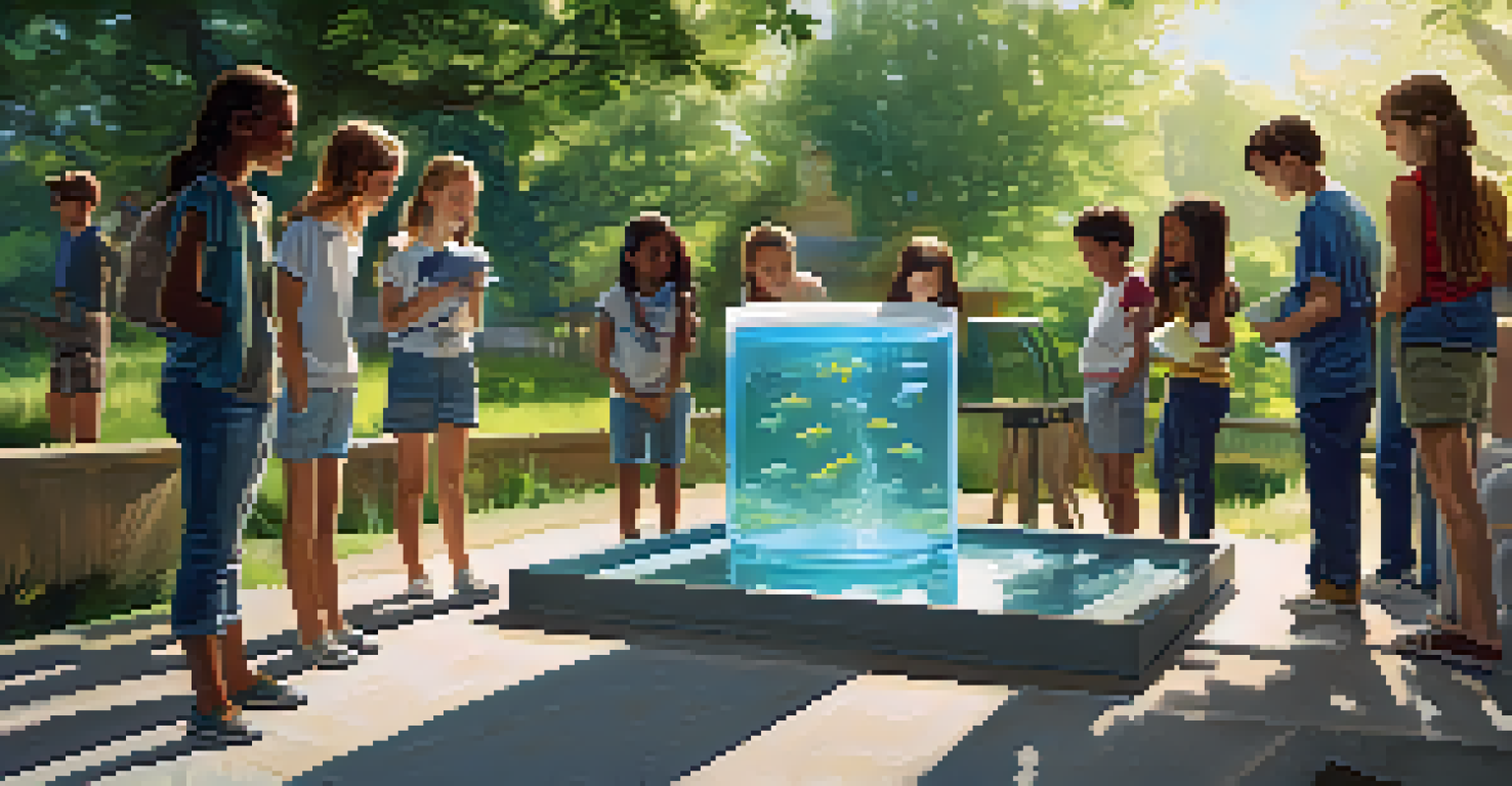 Students testing a water filtration prototype outdoors, observing as their design filters water in a clear tank, with greenery in the background.