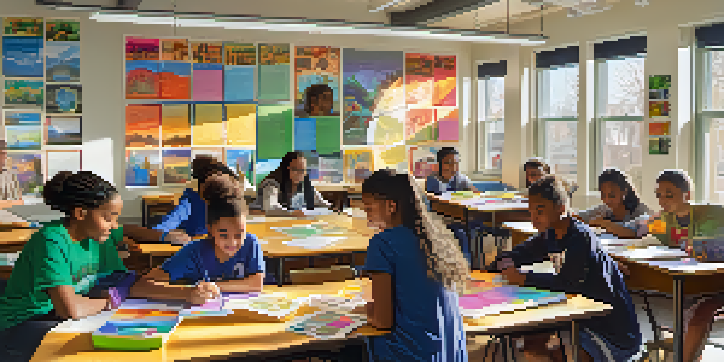 A diverse group of students collaborating on an environmental justice project in a colorful classroom filled with educational posters.