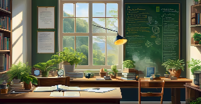 A cozy study area with a wooden desk, an open book, a cup of tea, and green plants, illuminated by warm sunlight.