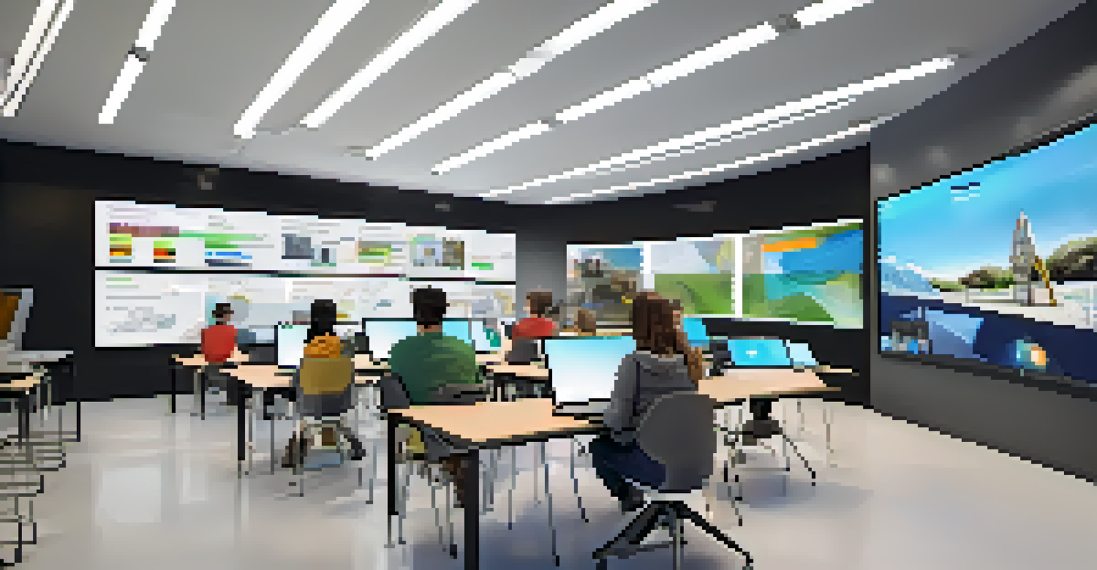 A modern classroom with students using technology for remote collaboration, featuring tablets and video conferencing on a large screen.