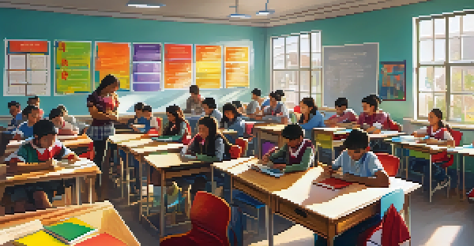 A lively classroom with diverse students actively participating in language learning, surrounded by colorful educational materials and sunlight streaming in.