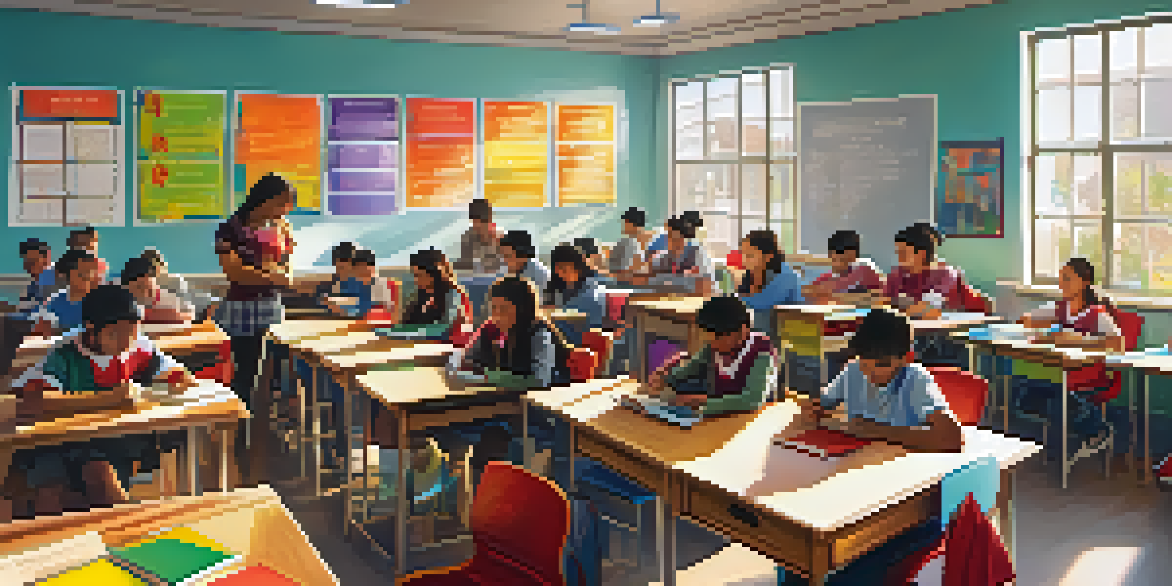 A lively classroom with diverse students actively participating in language learning, surrounded by colorful educational materials and sunlight streaming in.